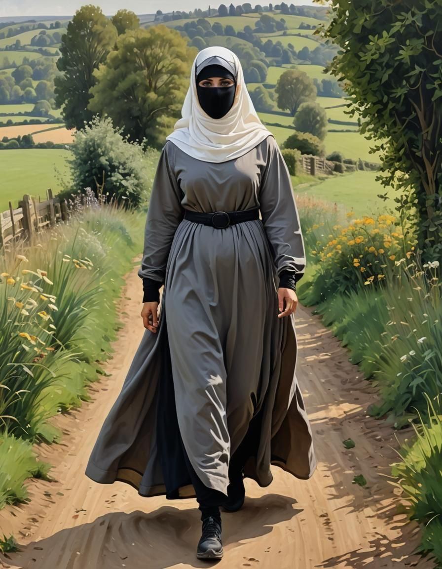 Niqabi Woman in English Landscape: Oil Painting Portrait