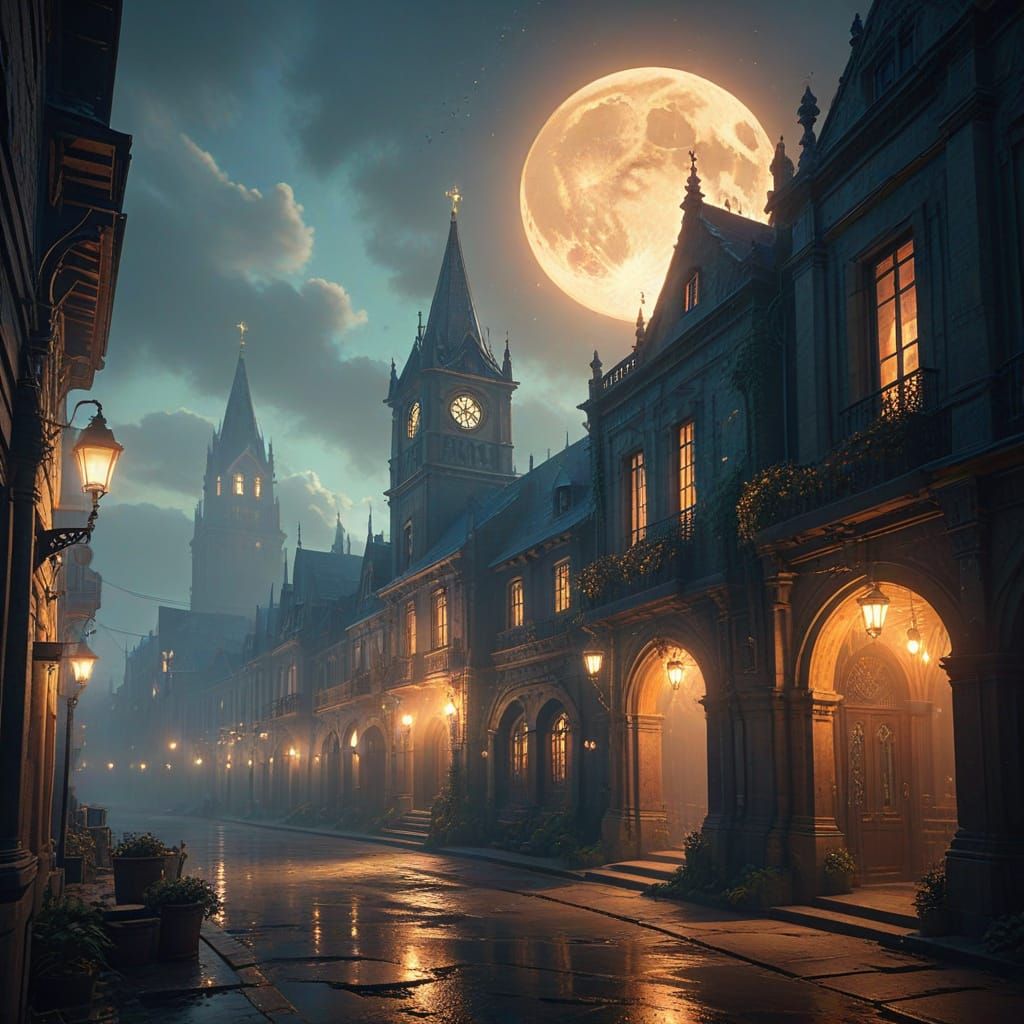 Mystical Town Under Full Moonlight