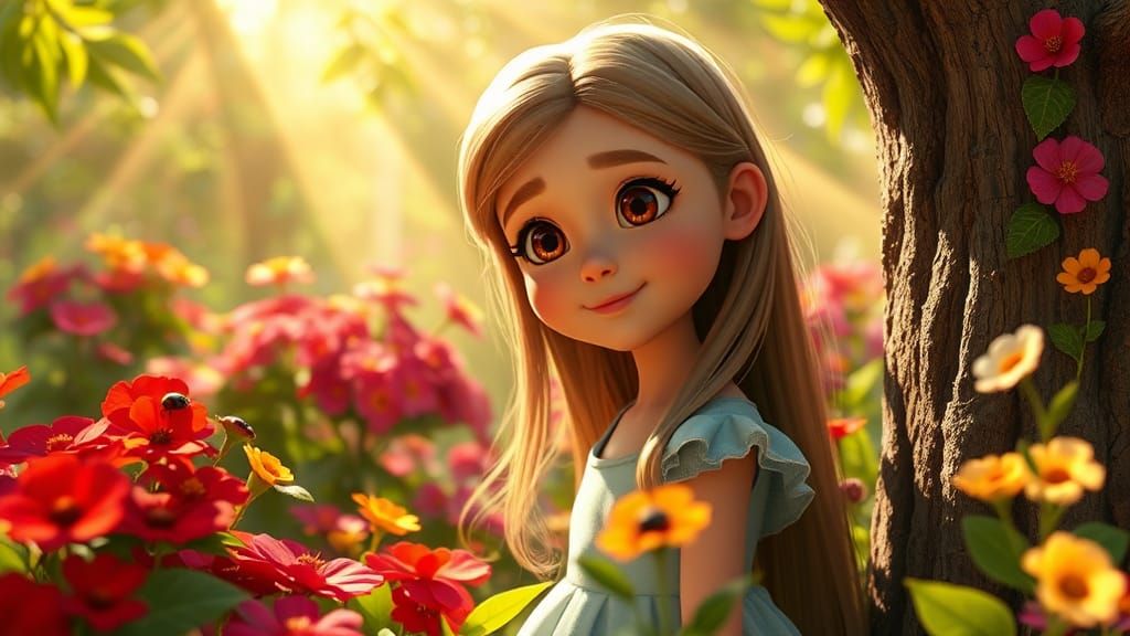 Girl in Sunlit Garden: 3D Digital Art