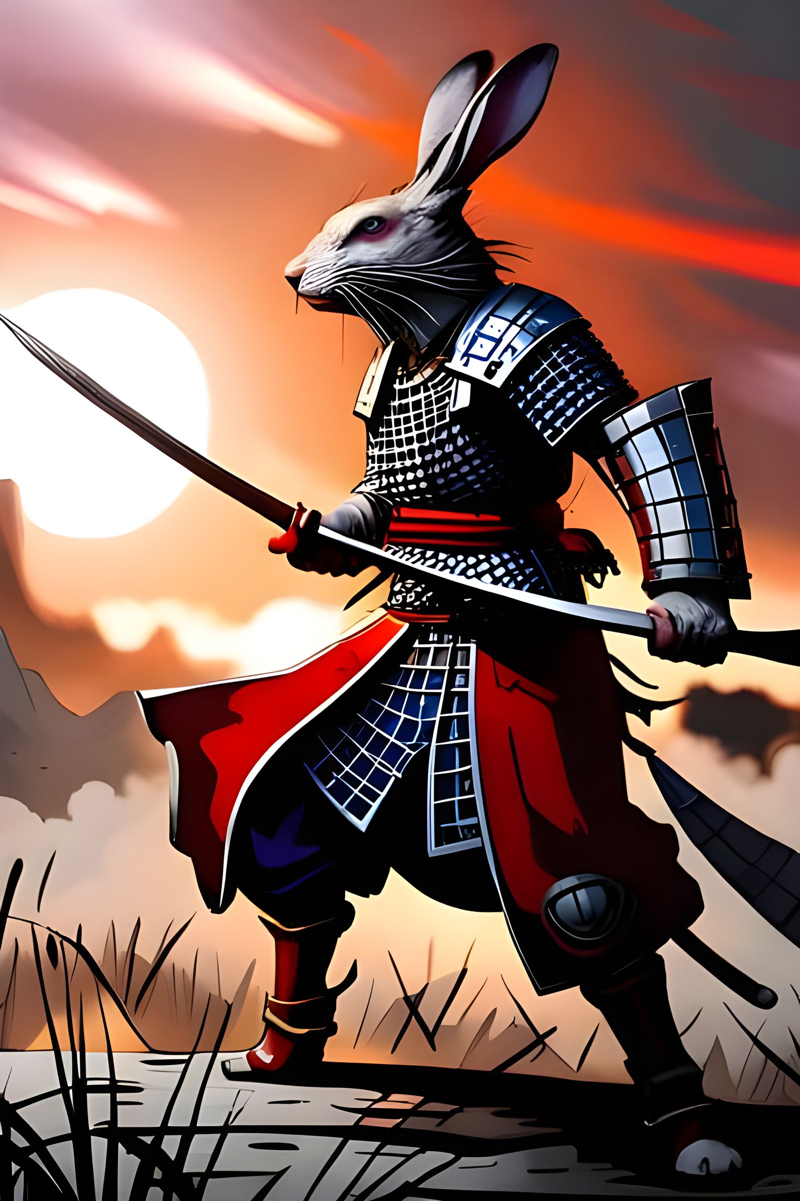 Rabbit Samurai Battle in Thunderstorm: Hyperdetailed Concept...