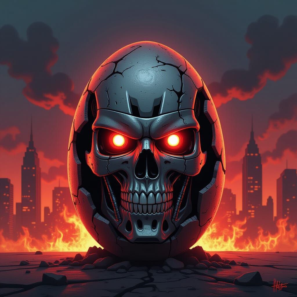 Angry Egg with Terminator Face in Apocalyptic City