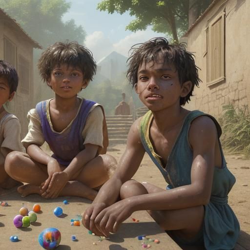 boys playing in  a very old village