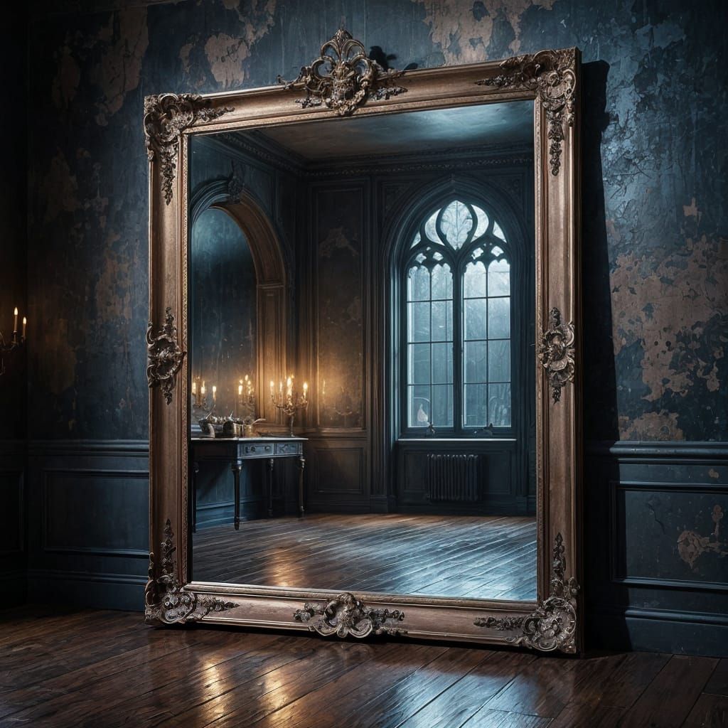 Gothic Mirror Reflects Alternate Cityscape