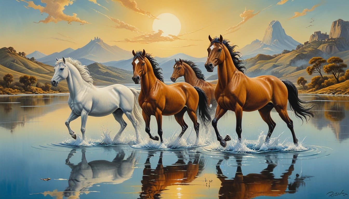 Horses Swim in Sunset Lake, Surrealist Oil Painting