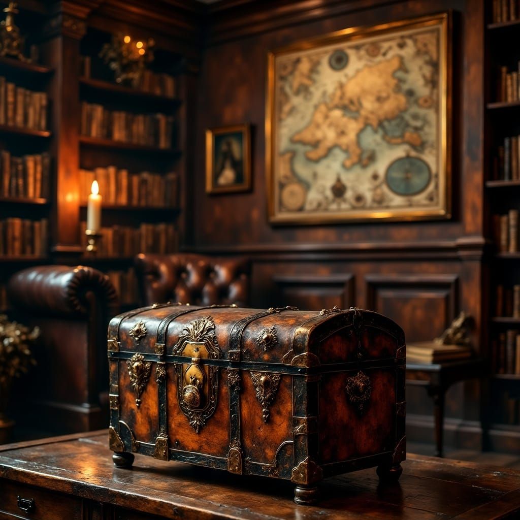 Antique Treasure Chest in Candlelit Study