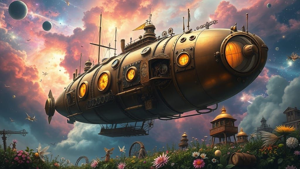 Steampunk Whale Airship Gliding Through Nebula