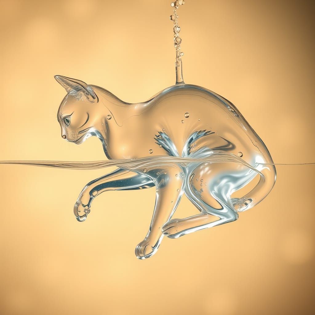 Water Cat: A Liquid Mirror Feline in Mid-Air