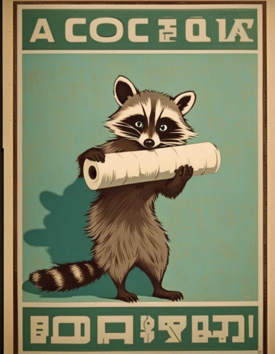 Raccoon with Toilet Paper in Soviet Poster Style