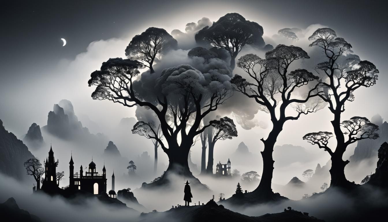 Ethereal Black and White Landscape in Paper-Cut Style