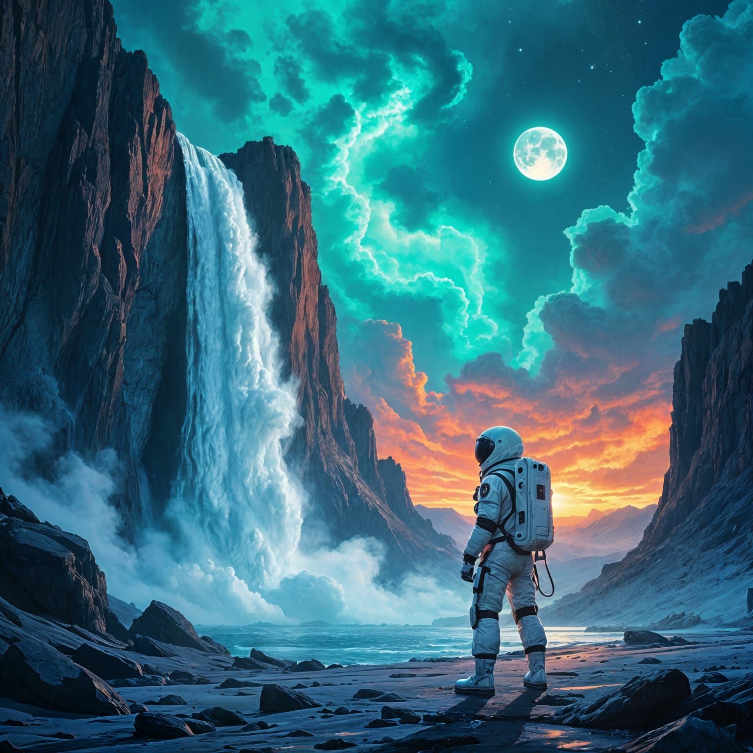 Rapper on Alien Planet with Crystalline Waterfall