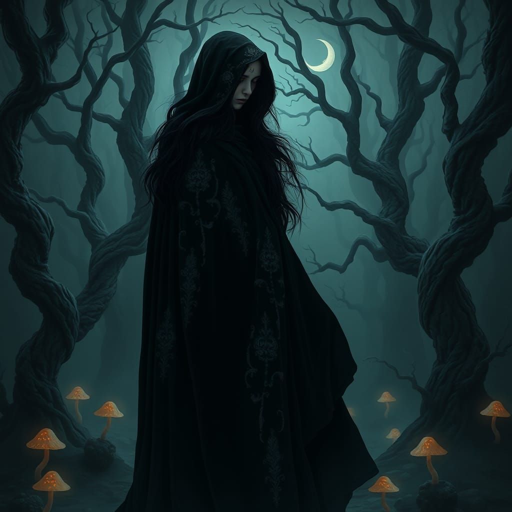 Mysterious Raven-Haired Witch in Misty Forest