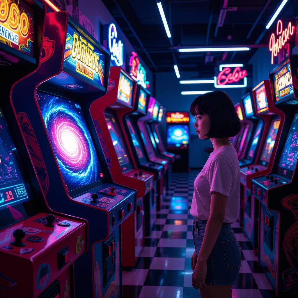 1980s Arcade Scene With Galactic Portal Cabinet