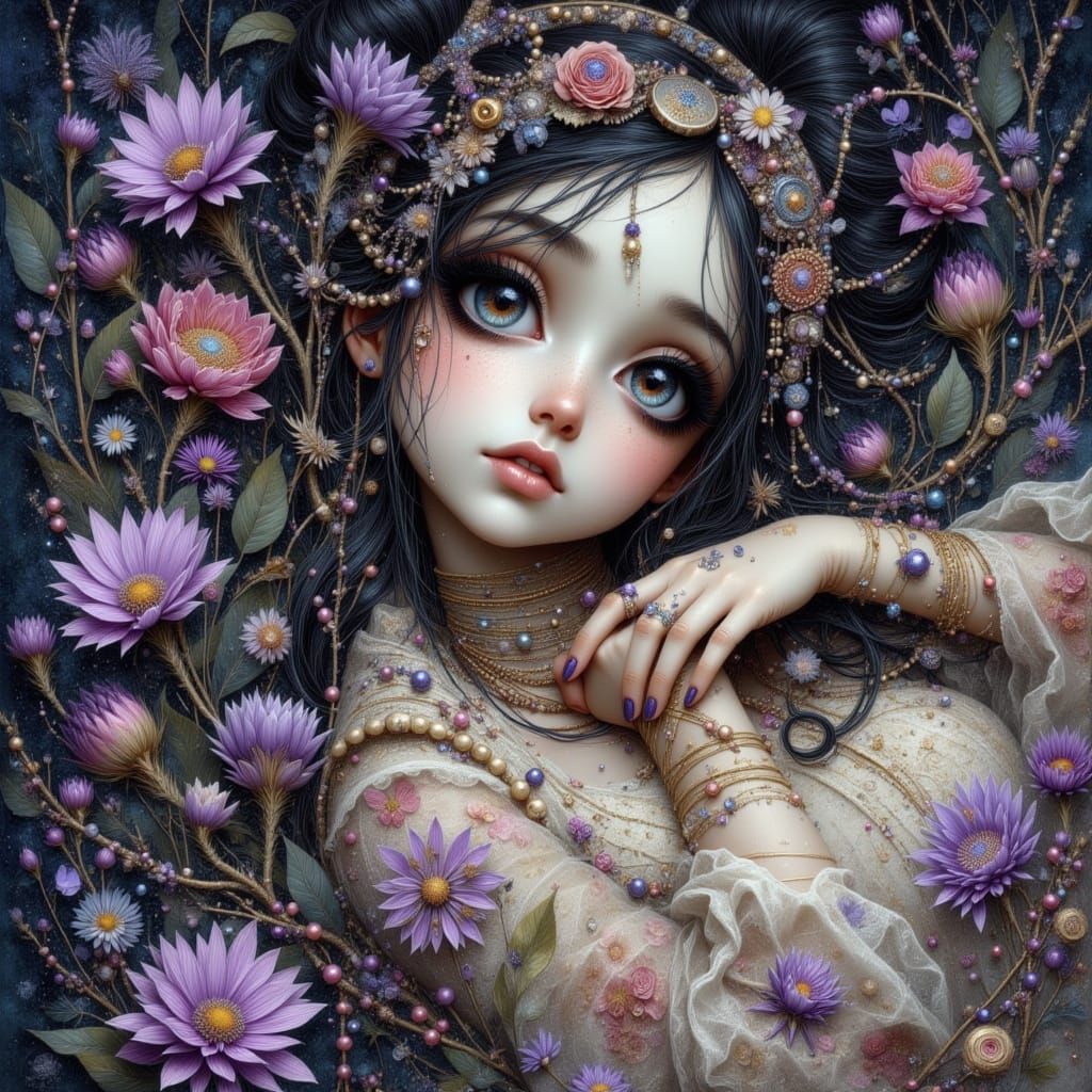 Tim Burton Style Woman with Violets