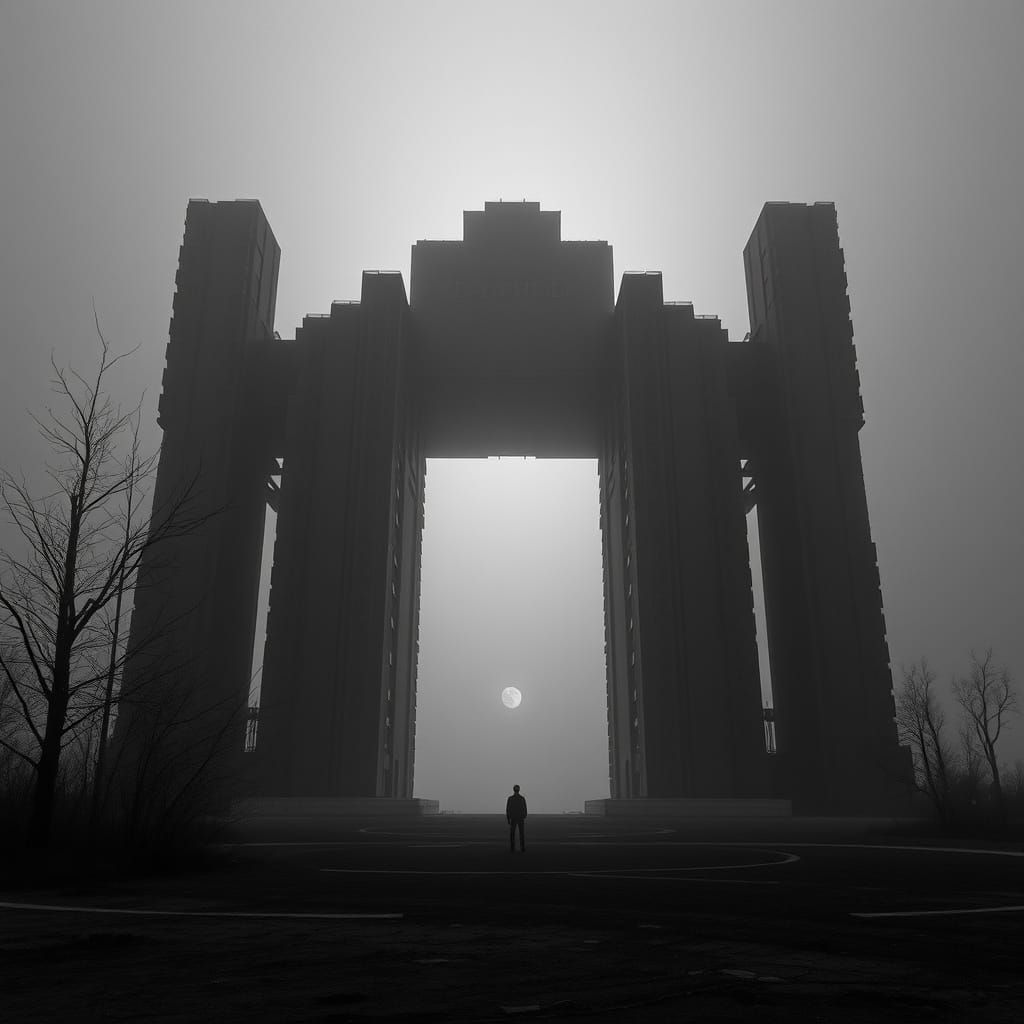 Brutalist Megastructure Under Dark Skies