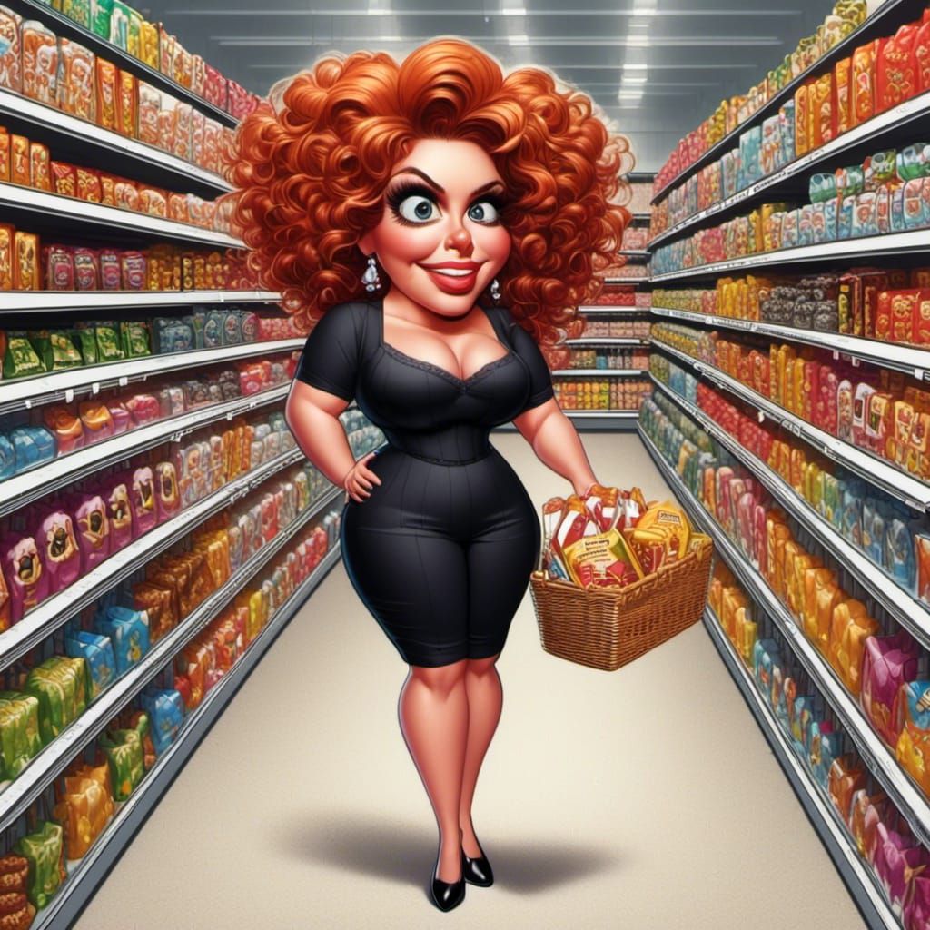 Humorous Caricature: Woman's Exaggerated Shopping Trip