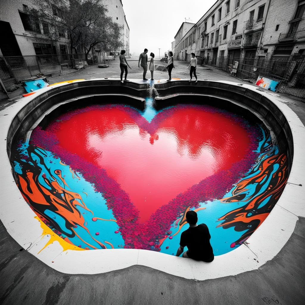 Couple Falling into Heart Pool in Graffiti Art