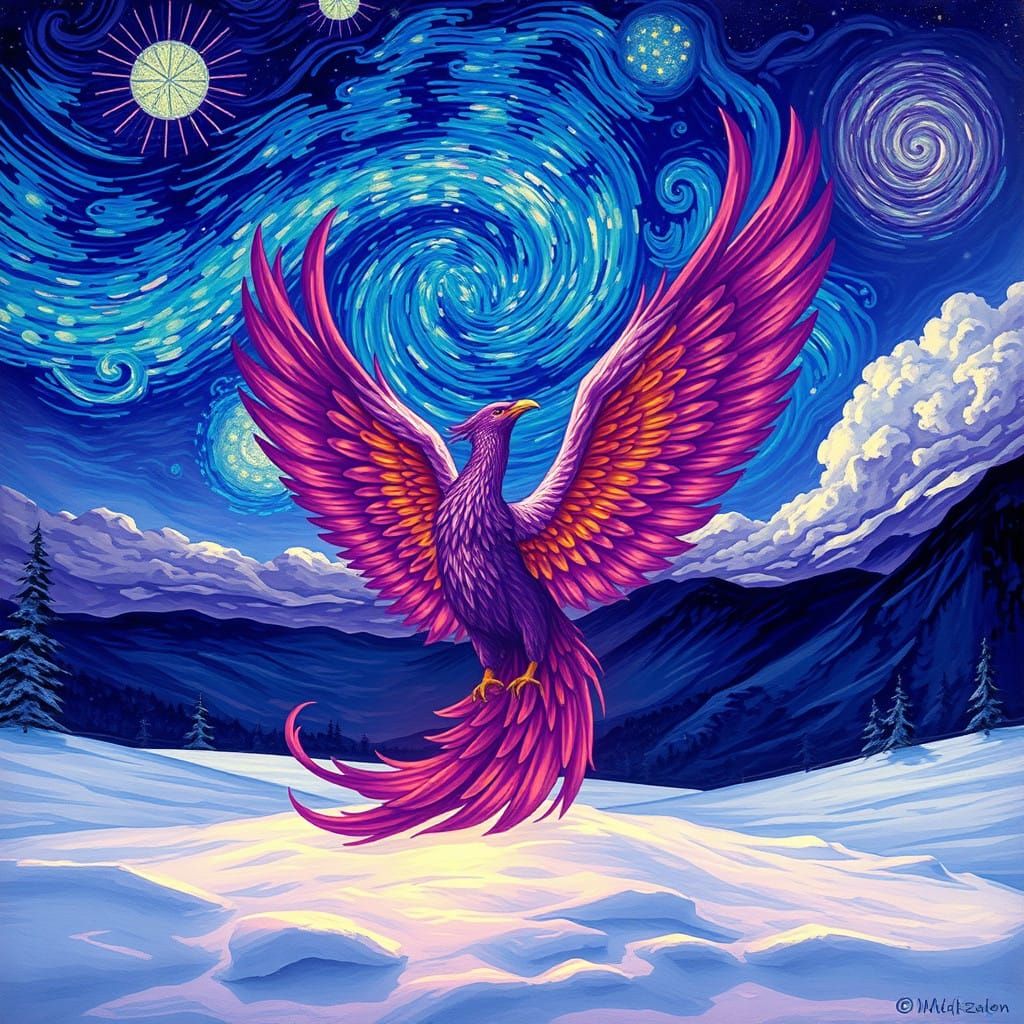 Majestic Purple Phoenix in Snowy Starry Night Landscape
