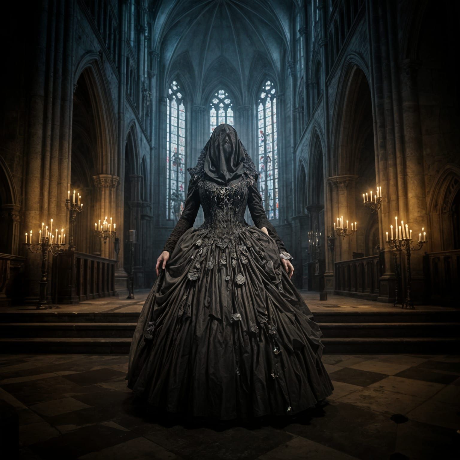 Gothic Church with Witch at Night, Hyperrealism