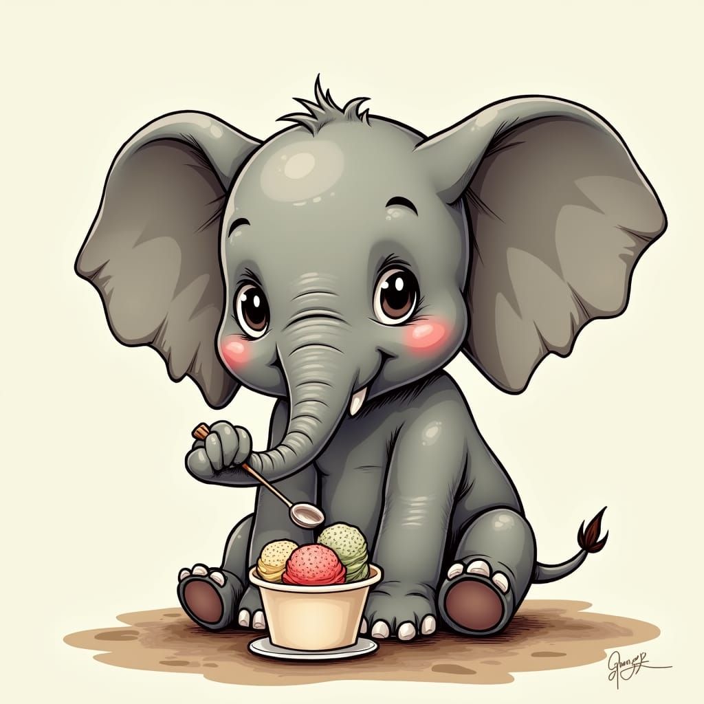 Elephant Stirring Ice Cream with Spoon