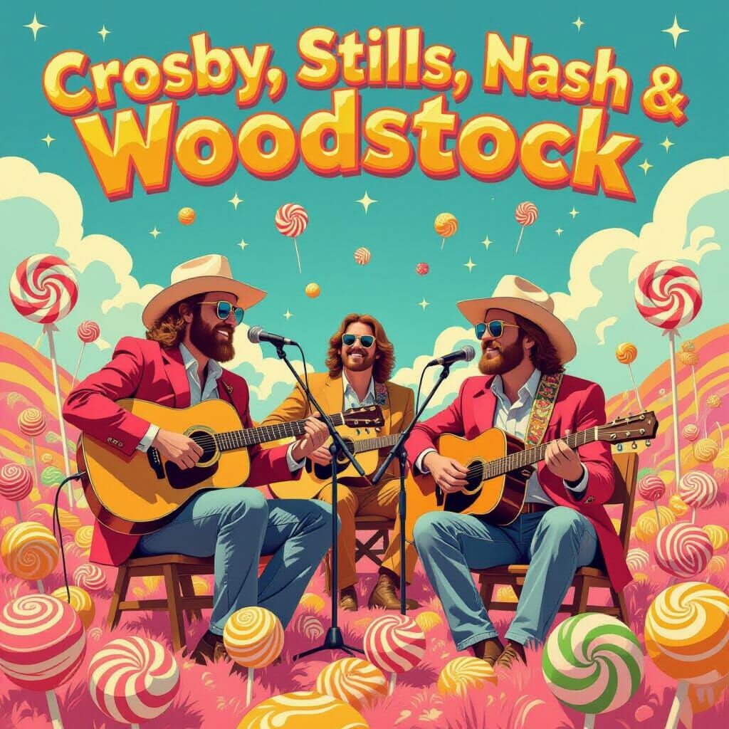 CSNY Woodstock Film Poster in Playful Candy Art Style