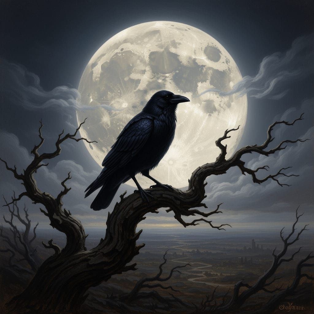 Raven on Branch Under Luminous Full Moon