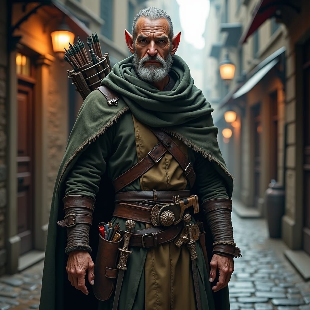 Grizzled Half-Elf Rogue in Dim Alleyway