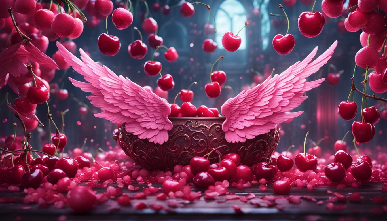Coquette Pink Cherries with Angel Wings