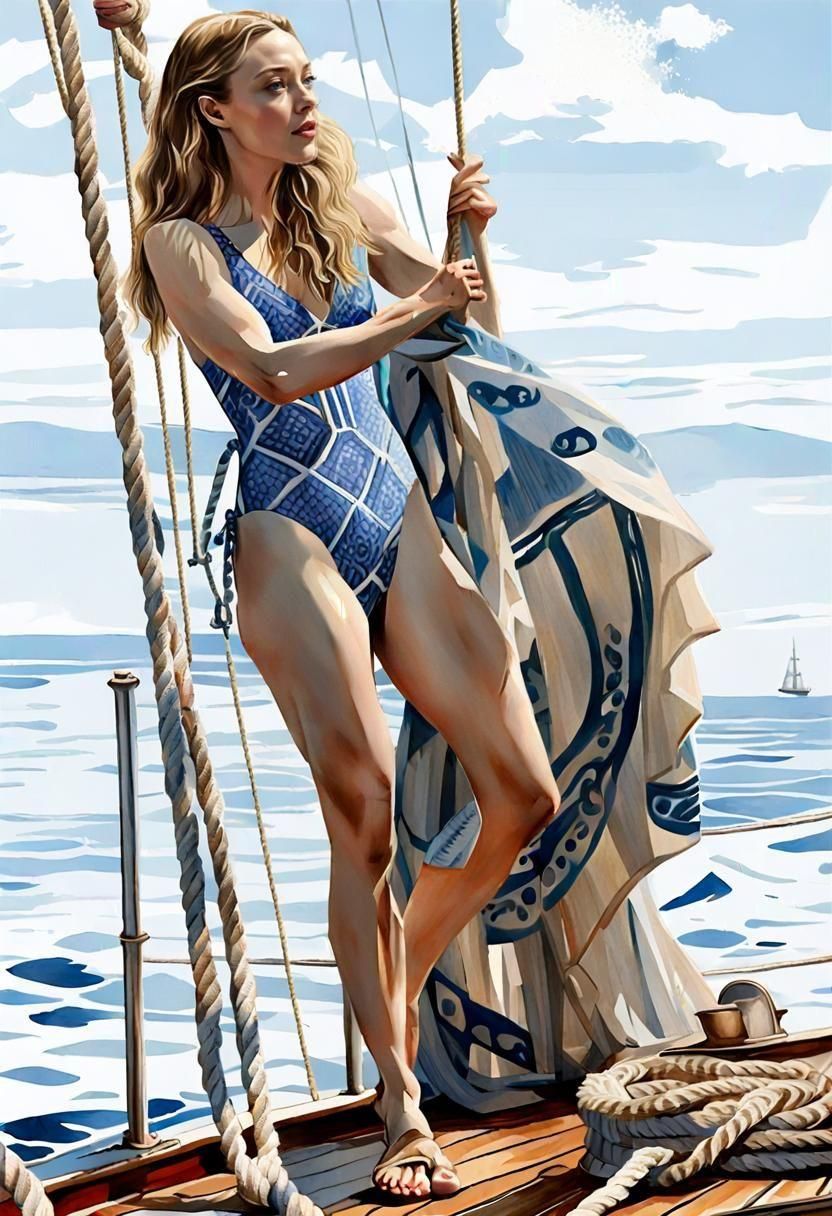 Woman on Ship in Gouache Watercolor Style