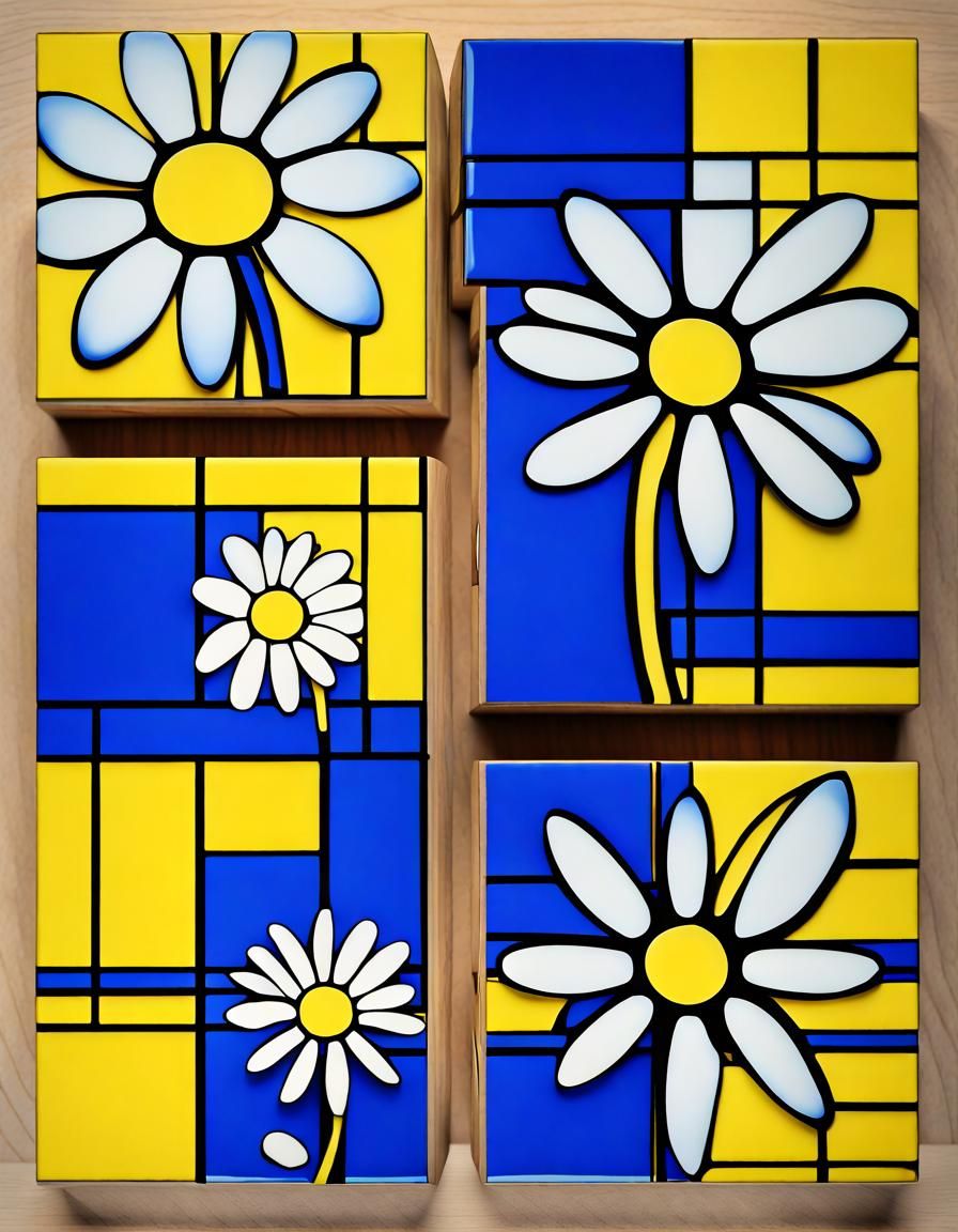 Abstract Daisy in Yellow and Blue, Mokuhanga Style