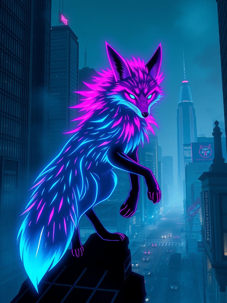 Neon Fox in Cyberpunk Cityscape