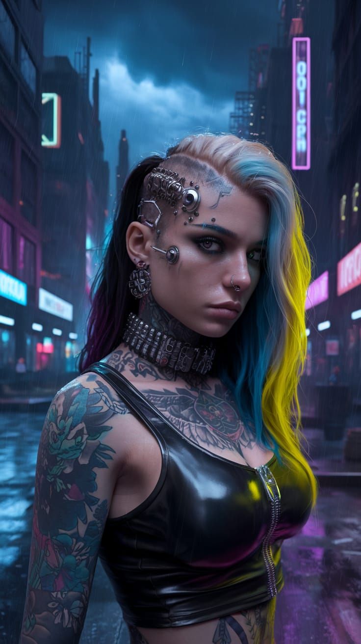Cyberpunk Cyborg Woman in Dystopian Cityscape