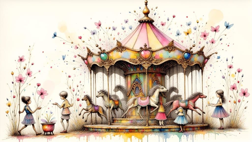 Whimsical Fairy Carousel in Surreal Watercolour Style