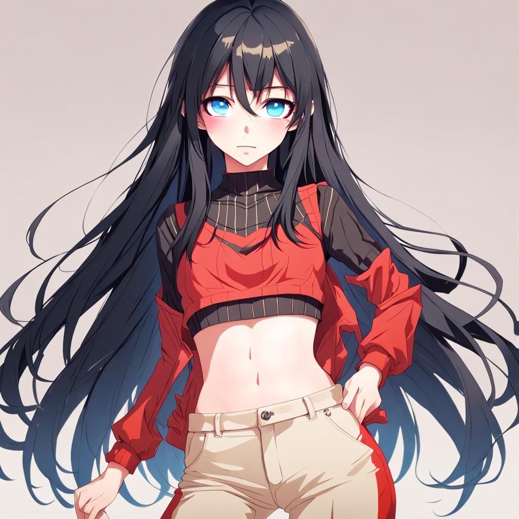 Anime Girl in Red Pants with Long Black Hair
