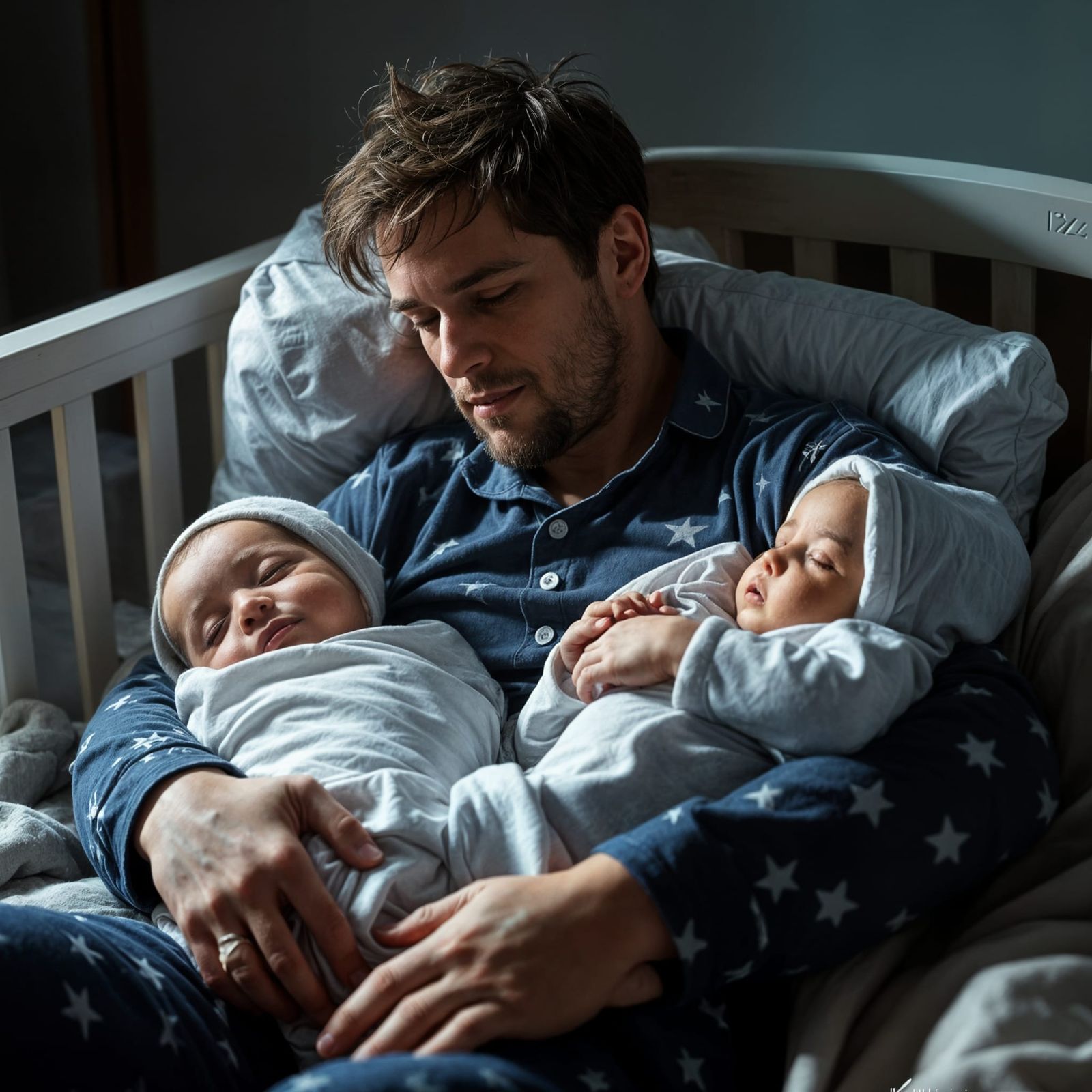 Tired Dad Rocking Twin Babies Asleep at Night