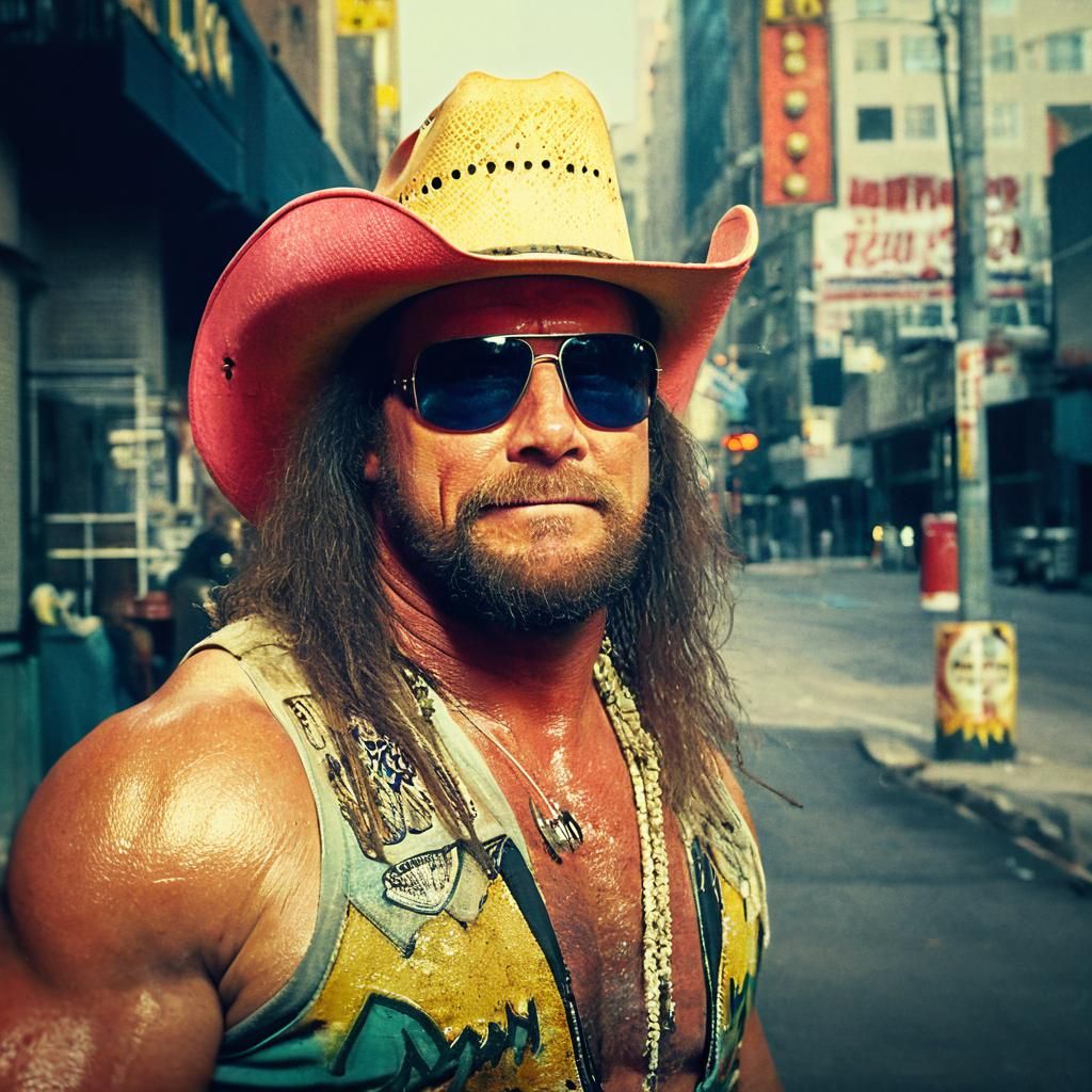 Wrestler in Post-Apocalyptic City: Cinematic Film Still
