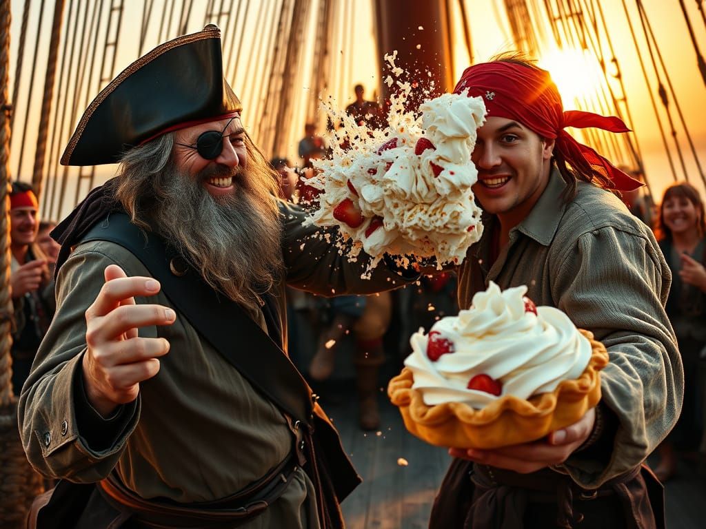 Pirate Cream Pie Fight at Sunset, Photorealistic Action