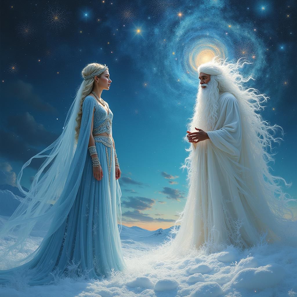 Goddess of Ice and Fire in Ethereal Celestial Scene