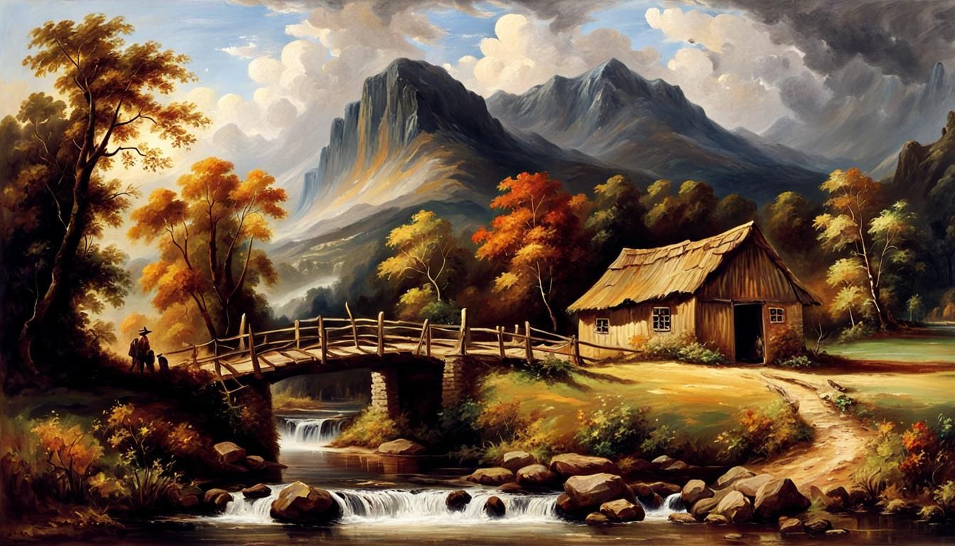 Landscape with Bridge, Waterfall, and Hut as Oil Painting