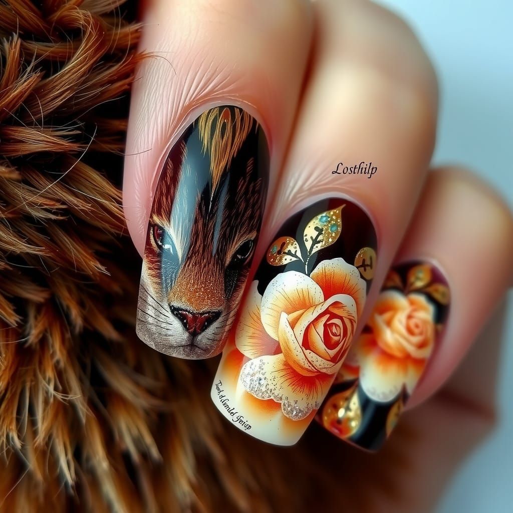 Majestic Animal Fur Nail Art with Roses