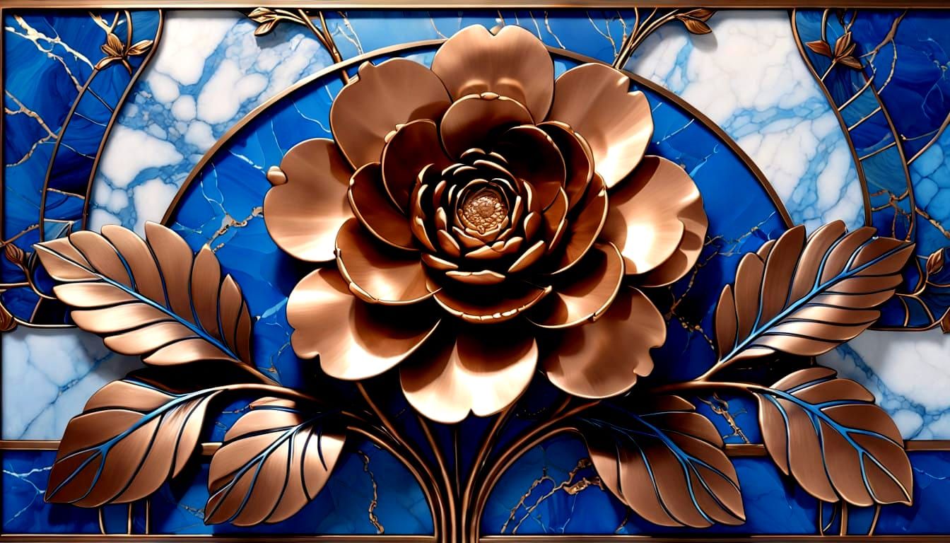 Camellias in Bronze Blue Art Deco Frame