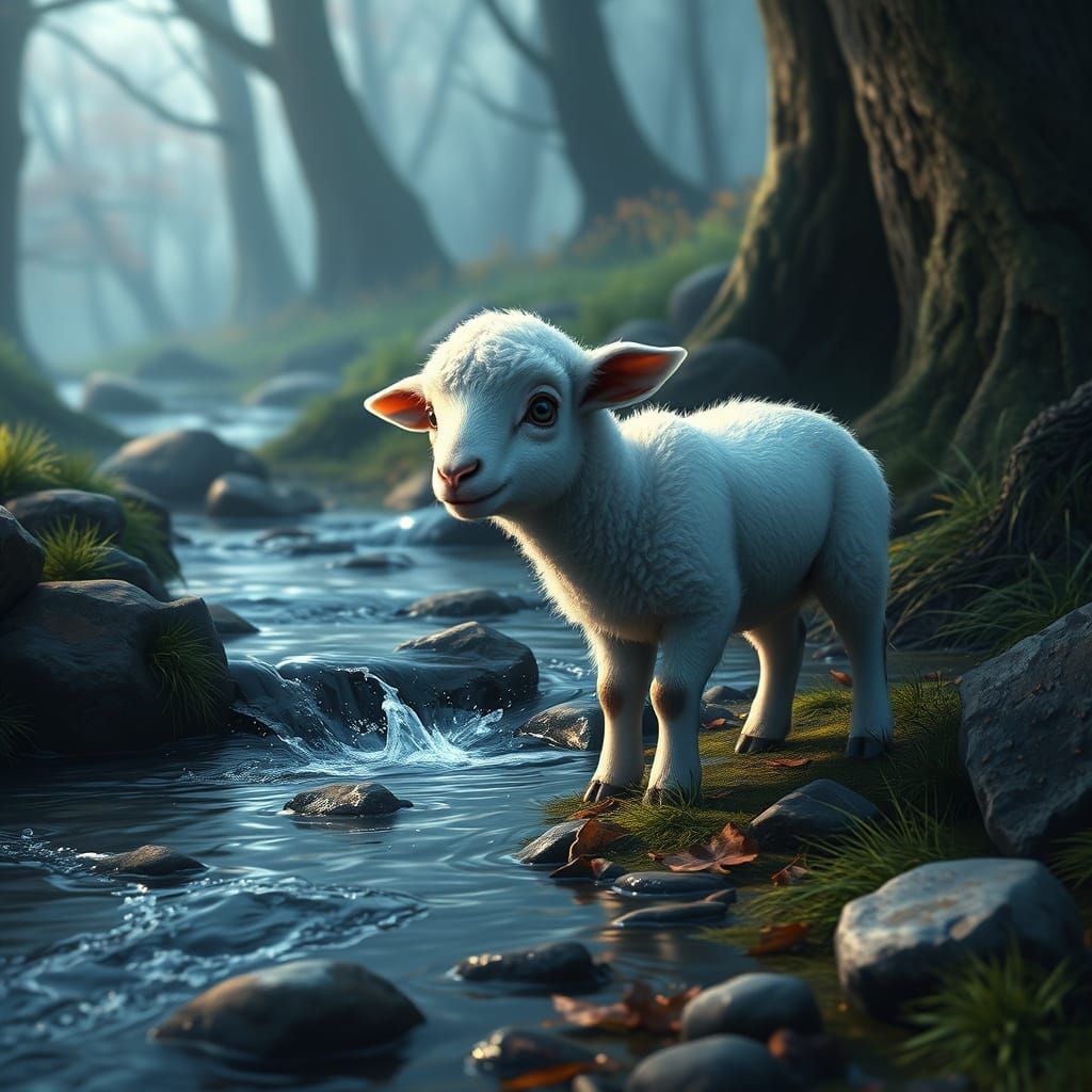 Nervous Lamb at Stream in Detailed Matte Painting
