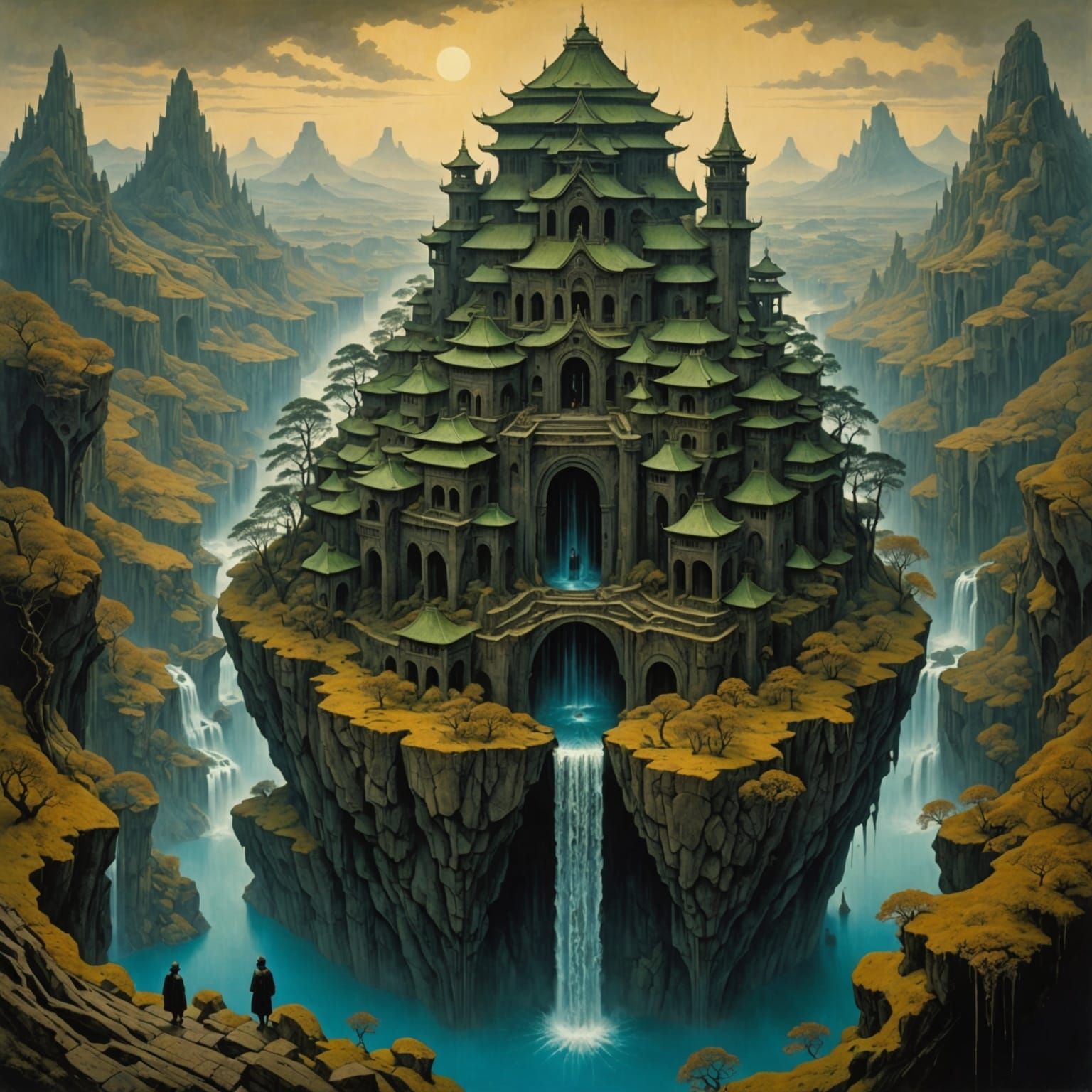 Surreal Japanese Landscape Painting with Waterfall Structure