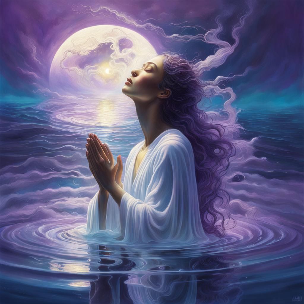 Moon Goddess Praying Underwater in Ethereal Light