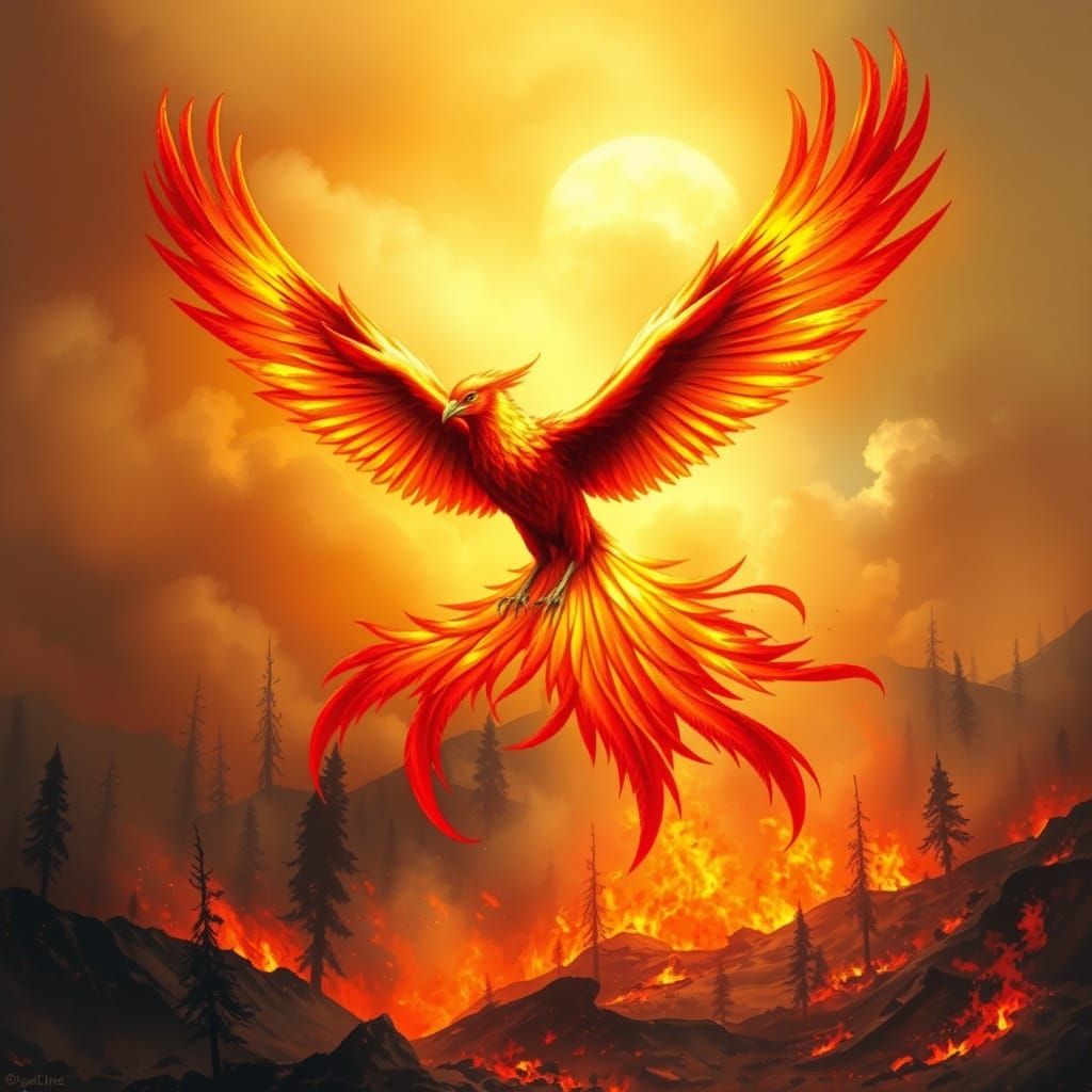 Phoenix Rising: Rebirth in Fiery Landscape