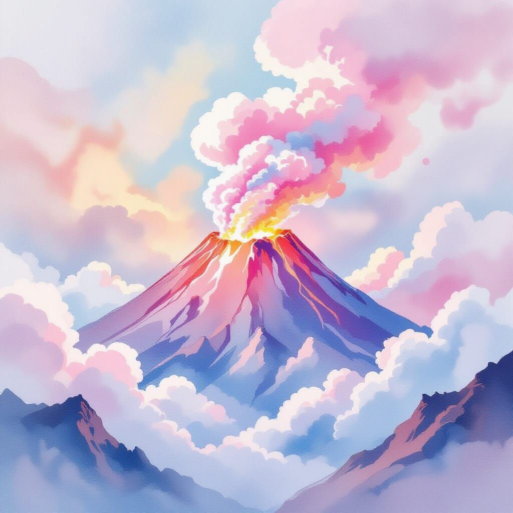 Ethereal Cotton Candy Volcano Watercolor Painting