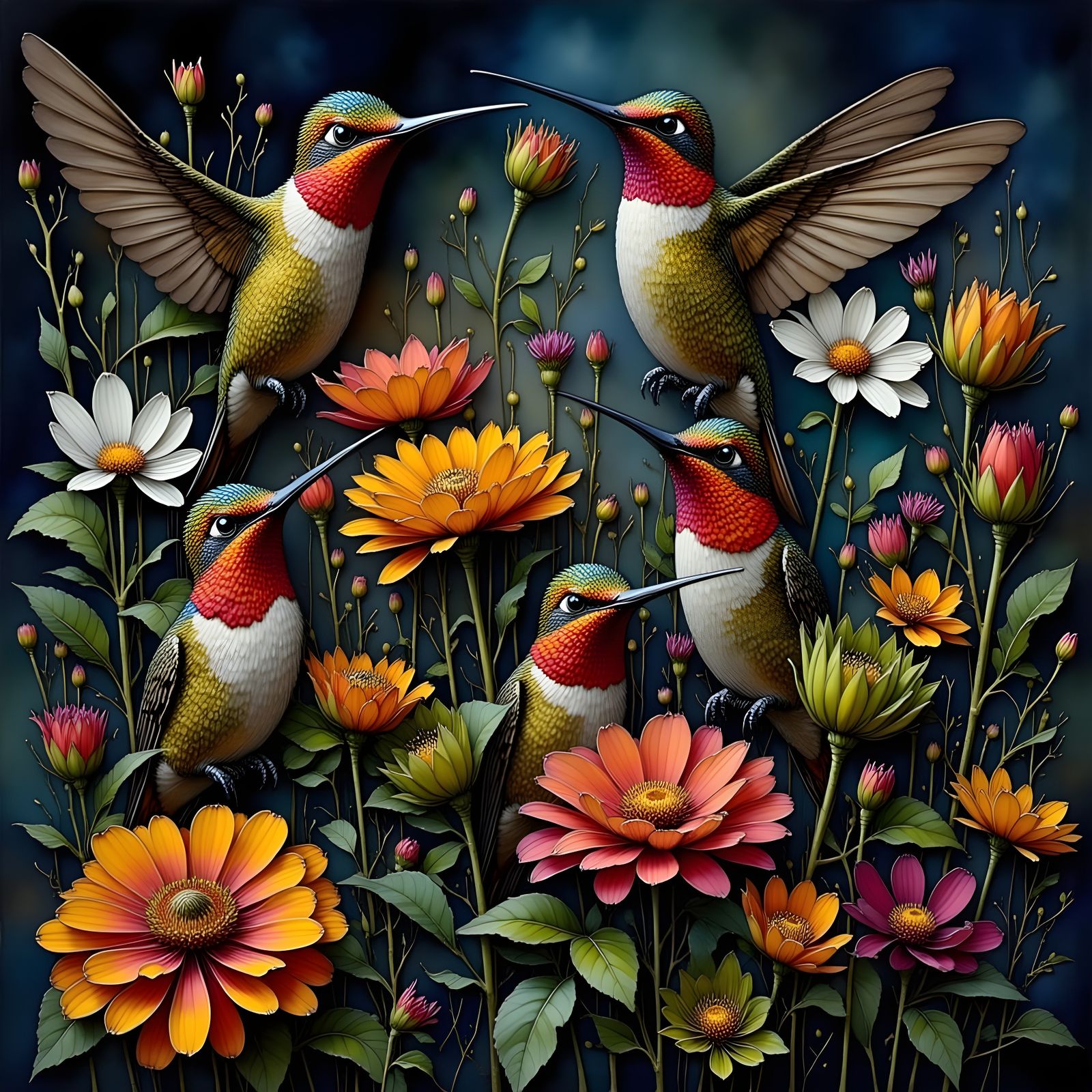 Allen's Hummingbirds Amidst Bioluminescent Flowers in Ink Ar...