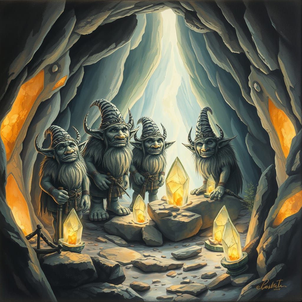 Trolls Guarding Crystal Cave in Ethereal Charcoal Fantasy