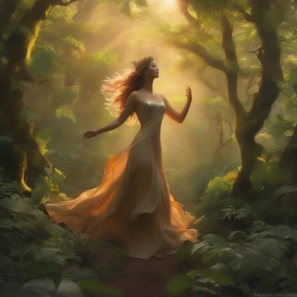 Ethereal Goddess Amidst Vibrant Forest