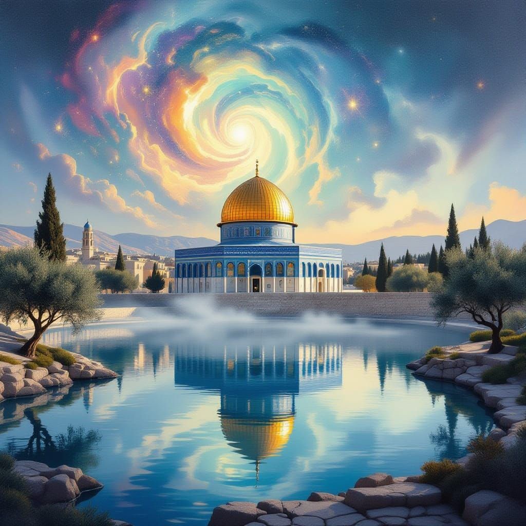 Floating Dome of the Rock Above Misty Lake in Cosmic Sky
