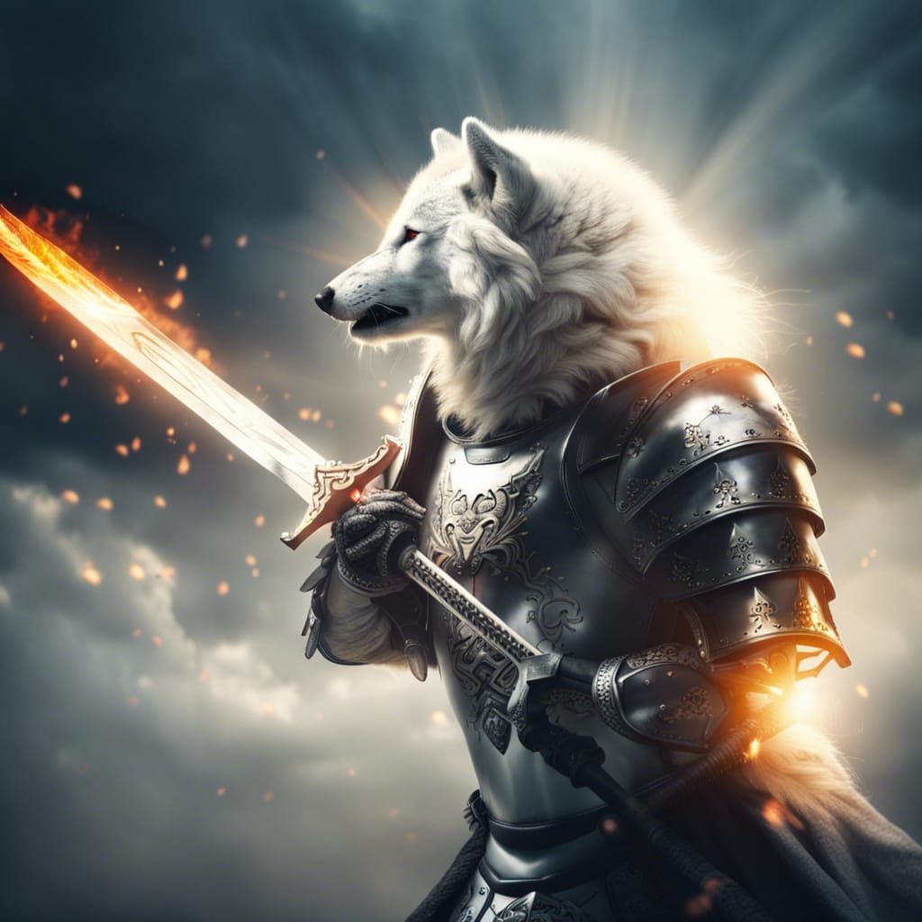 Armored White Wolf Battles Shadow Creature